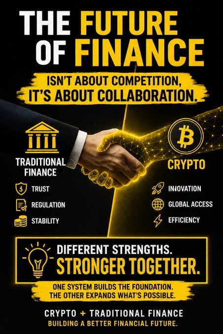 The image is a promotional graphic titled "THE FUTURE OF FINANCE ISN'T ABOUT COMPETITION, IT'S ABOUT COLLABORATION," featuring a handshake between a traditional finance building icon and a Bitcoin symbol, with each side's strengths listed (Traditional Finance: Trust, Regulation, Stability; Crypto: Innovation, Global Access, Efficiency) and concluding with "DIFFERENT STRENGTHS. STRONGER TOGETHER."

The graphic reinforces the post's central thesis by visually depicting crypto and traditional finance joining forces rather than competing, directly supporting the argument that "the future of money depends on crypto and traditional finance working together" through its handshake imagery and collaborative messaging.