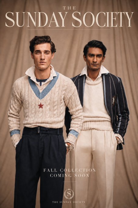 A fashion advertisement for "THE SUNDAY SOCIETY" Fall Collection featuring two male models in preppy knitwear and trousers, with the tagline "FALL COLLECTION COMING SOON."