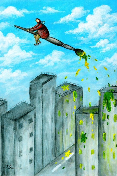 The image features a painting of a man riding a broomstick, flying over a cityscape with buildings painted in shades of green and gray. The artist has used watercolor techniques for this piece, giving it a unique and vibrant appearance. The painting is titled "GMMMM objkt.com/tokens/KT1Gppg" and is accompanied by a caption that reads: "Focus on what is in the image and how it relates to the post".
