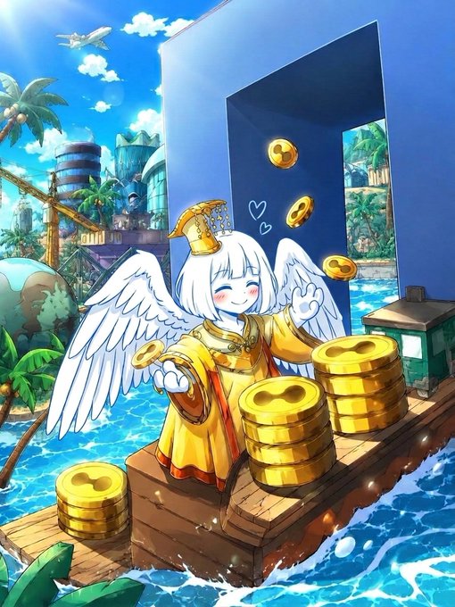 Anime-style artwork of a white-haired character with angel wings wearing a golden outfit, surrounded by stacks of gold coins in a tropical setting with palm trees and blue water.