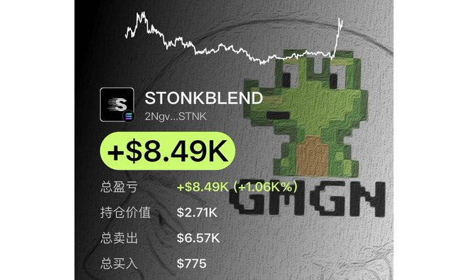 Trading portfolio screenshot showing STONKBLEND (token $STNK) with a total profit of +$8.49K (+1.06K%), holding value of $2.71K, total sold $6.57K, and total bought $775, displayed alongside a green pixel-art frog character and a declining price chart.