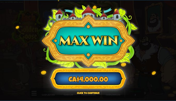 A vibrant "MAX WIN" celebration screen from the slot game "Hansel & Gretel: The Golden Goose" displays a CA$4,000.00 jackpot win. The celebratory castle and golden frame imagery captures the excitement of a major slot win, fitting the post's hype about chasing big payouts during a 2.5-hour stream.