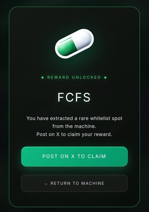 A dark screen displaying '✦ REWARD UNLOCKED ✦' and 'FCFS', stating 'You have extracted a rare whitelist spot from the machine. Post on X to claim your reward.' with a 'POST ON X TO CLAIM' button.
