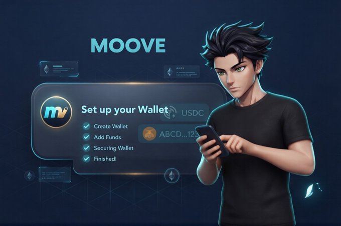 A promotional image for 'MOOVE' cryptocurrency featuring an anime-style young man with spiky black hair using a phone, next to a checklist showing 'Set up your Wallet' with completed steps: Create Wallet, Add Funds, Securing Wallet, and Finished!.