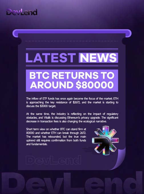A promotional graphic for "DevLend" displaying "LATEST NEWS" with the headline "BTC RETURNS TO AROUND $80000," discussing ETH ETF inflows and market resistance levels.