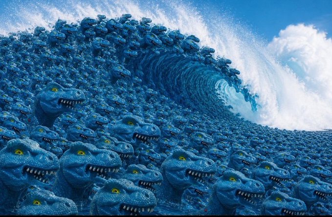 A massive wave of blue T-Rex dinosaurs with piercing yellow eyes surges like a tsunami, visually capturing the explosive momentum behind the "$FEFER is going to go crazy soon" hype. The stampede effect perfectly mirrors the meme's promise of an imminent, overwhelming rally.