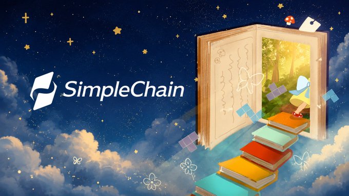 A whimsical illustration features the "SimpleChain" logo against a starry night sky, with an open storybook revealing a sunlit forest and a small character stepping onto a colorful staircase of books. The dreamy, adventure-themed artwork complements the post's narrative of late-night community engagement, blending imagination with the brand's identity.