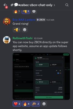 A screenshot of a Telegram chat in the '#zebec-zbcn-chat-only' group where user 'RollnwithToshi' announces that ZBCN can now be bought directly on the super app website.