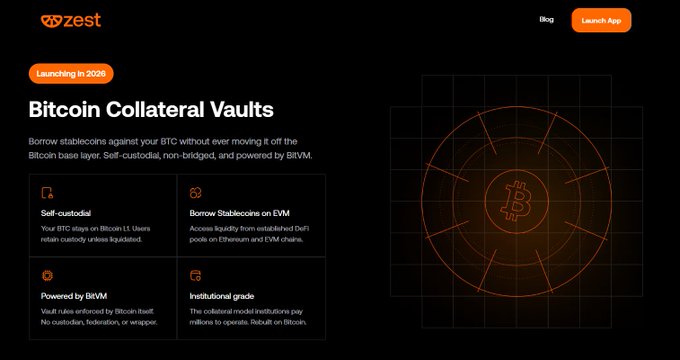 A promotional webpage from Zest Protocol announcing "Bitcoin Collateral Vaults" launching in 2026, featuring a Bitcoin radar graphic and highlighting features like self-custodial vaults, borrowing stablecoins on EVM, BitVM-powered vault rules, and institutional-grade collateral, which aligns with the post's announcement about enabling BTC holders to borrow stablecoins against their Bitcoin without moving it off-chain.