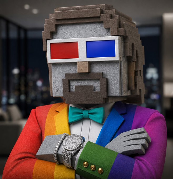 A 3D rendered character with a blocky, pixelated Minecraft-style head wearing red and blue 3D glasses and a colorful rainbow suit with a teal bow tie.