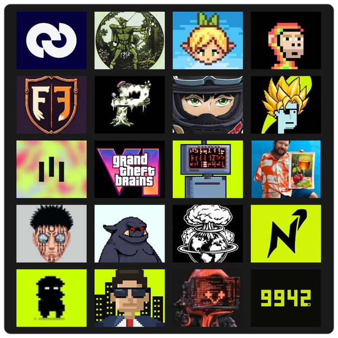 A 5x4 grid of various internet meme, gaming, and pop culture images on a black background, including pixel art characters, the 'grand theft brains' logo, and viral photos.