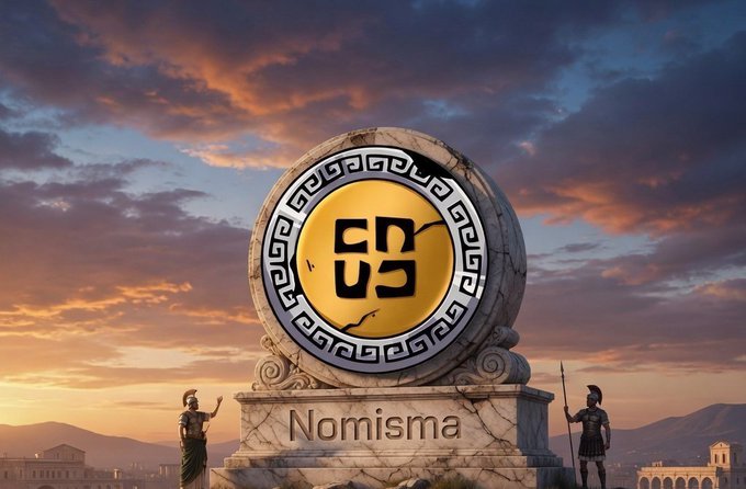 Monument with a large golden coin-like emblem featuring Greek key patterns and the text 'Nomisma', set against a sunset sky with statues of warriors below.