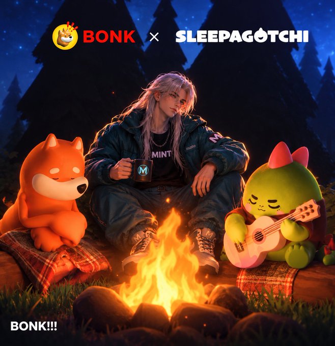 A promotional graphic featuring a silver-haired anime character sitting by a campfire with two cartoon mascot characters, with the text "BONK x SLEEPAGOTCHI" and "BONK!!!" visible.