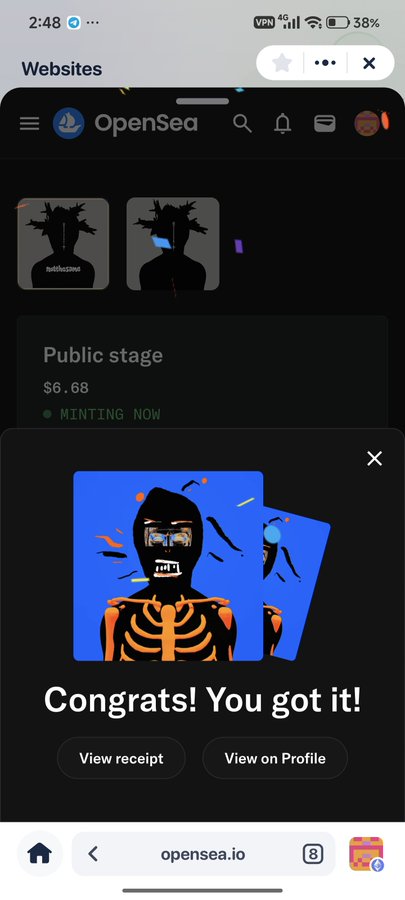 An OpenSea mobile screenshot celebrates an NFT minting with a 'Congrats! You got it!' message, showing artwork of a hooded skeleton figure on a blue background.
