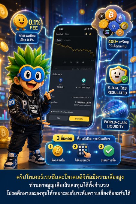 A Thai-language cryptocurrency exchange advertisement featuring a cartoon character with green hair, promoting a trading platform with features like '0.1% FEE', '400+ coins', 'POPV789' referral code, and 3-step registration.