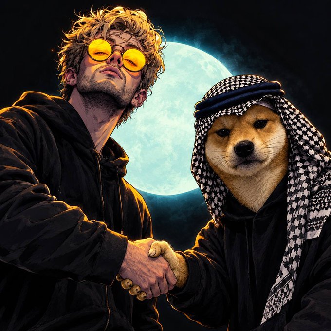 An illustrated image shows a young man with curly hair and yellow glasses shaking hands with a Shiba Inu dog wearing a keffiyeh and dark hoodie, set against a full moon backdrop.