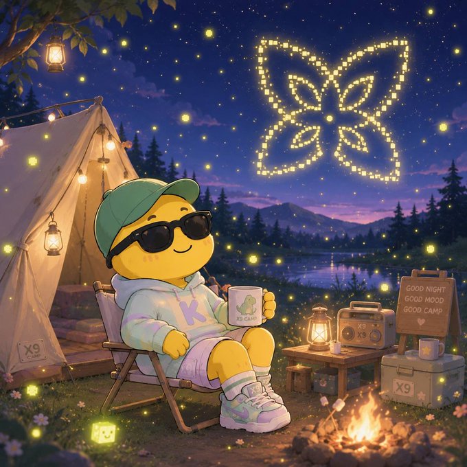 A cheerful yellow cartoon character wearing sunglasses and a green cap relaxes in a camping chair at night, holding a mug labeled "X9 CAMP" beside a tent, lantern, and boombox marked "X9," with a glowing butterfly-shaped light display in the sky and a sign reading "GOOD NIGHT GOOD MOOD GOOD CAMP X9." The cozy, secure-looking campsite—complete with fireside warmth and an "X9" branded cooler—visually represents the safe, familiar digital environments we currently enjoy, which the post warns could soon be disrupted by quantum computing, a threat @quipnetwork is preemptively addressing with quantum-resistant infrastructure.