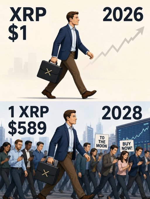 A split image showing a confident businessman carrying an "XRP" briefcase in 2026 with the text "XRP $1" alongside an upward chart, contrasted against a 2028 scene where "1 XRP $589" is displayed amid a crowd of followers holding "TO THE MOON" and "BUY NOW" signs—illustrating the post's message that buying XRP now will lead to massive gains later.