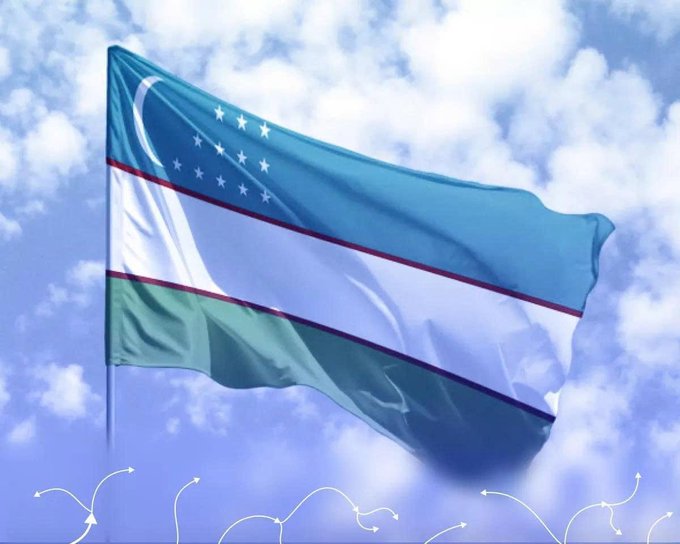 An illustrated flag of Uzbekistan waving against a blue cloudy sky with white doodle arrows at the bottom.