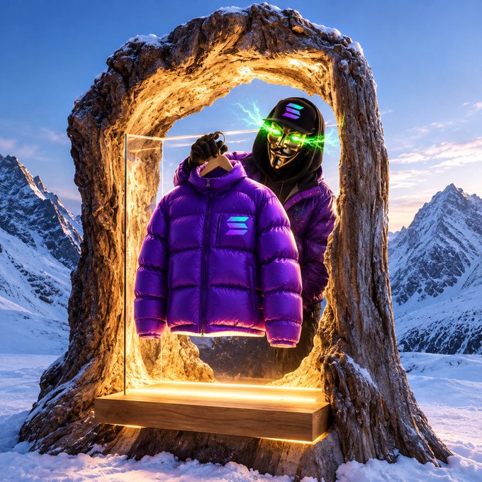A digital artwork showing a figure in a black mask and glowing green visor displaying a purple puffer jacket within a glowing stone archway in a snowy mountain setting.