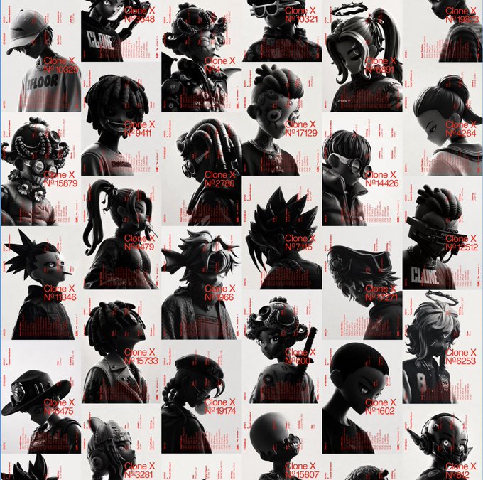 The image features a grid of black and white photos, each depicting a person with unique hairstyles and facial expressions. The photos are arranged in rows and columns, creating a visually striking pattern across the frame. The text "My current read on CloneX" is prominently displayed at the bottom right corner of the image. The post also mentions that the team building process should be approached thoughtfully and not rushed to ensure a successful transition.