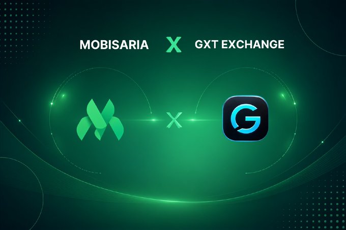 The image showcases a partnership announcement graphic between Mobisaria and GXT Exchange, featuring both logos connected by an "x" symbol against a glowing green background. This visually reinforces the post's announcement of a strategic collaboration aimed at expanding global liquidity and market access for the $MBSR community.