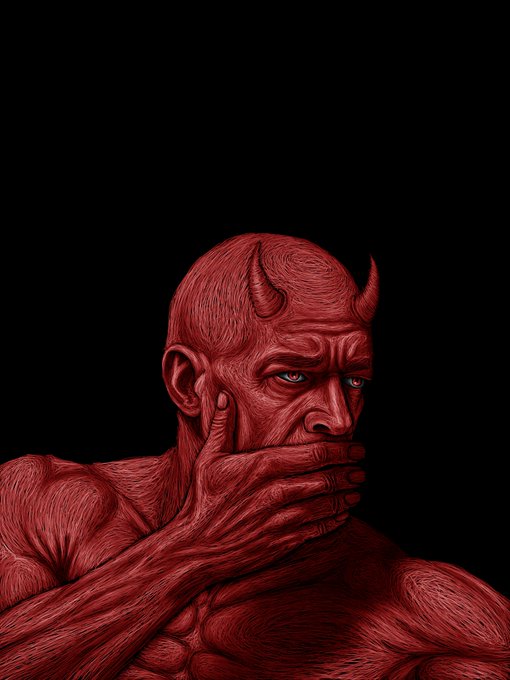 The image features a man with long hair, red horns, a large beard, and tattoos painted onto his face as he appears to be holding his mouth shut. His head is tilted slightly back to the right, giving an impression of contemplation or intense thought. The man's position against a black background creates a stark contrast that draws attention to him. This image shares similarities with various posts on Twitter, specifically in the genre of Politics & Social Sciences and Religion & Spirituality.