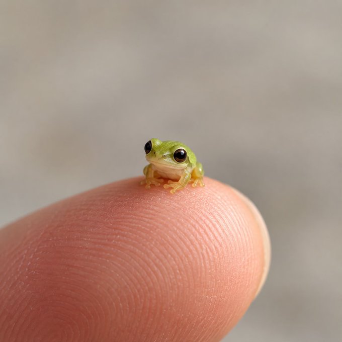 A tiny green frog sitting on the tip of a person's finger, showing the frog's small scale relative to the fingerprint.