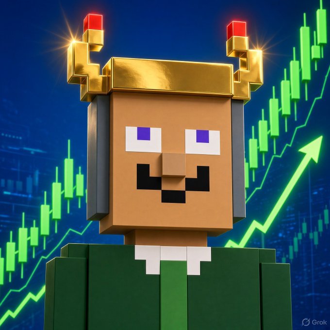 A Minecraft-style blocky character wearing a golden crown-like helmet with red accents stands before a backdrop of green candlestick charts and an upward-pointing arrow, symbolizing bullish market momentum. The image visually reinforces the post's theme of a profitable NFT purchase of the "Stonkbroker" item, with the rising chart reflecting the successful snipe trade.