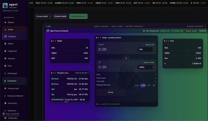 The image shows the "agent the protocol" website with its Agent Factory Computer interface, featuring a wallet balance of 25 SOL, 4000 USDC, and 800 RAY, alongside swap and pool options in the computer section. The post "Oh fuck @0rdlibrary cooking" suggests excitement about a new development or feature on the platform, likely referring to the newly implemented Agent Factory Computer tool.
