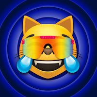 A crying-laughing cat emoji wearing rainbow-striped VR goggles against a blue concentric circle background.