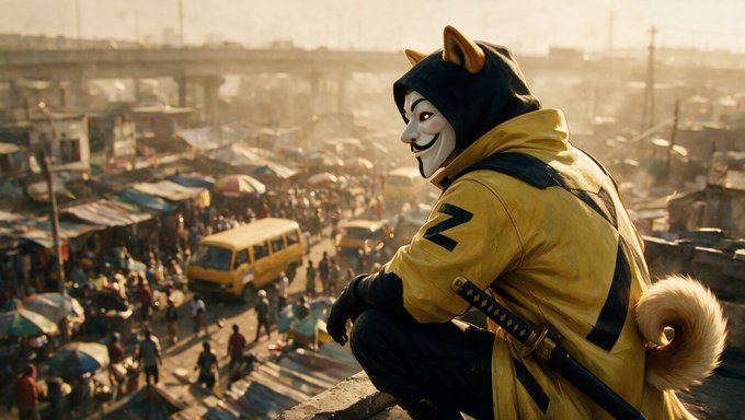 A figure wearing a white mask and a yellow hooded jacket with dog ears and a tail crouches on a ledge, looking over a bustling, dusty cityscape below.