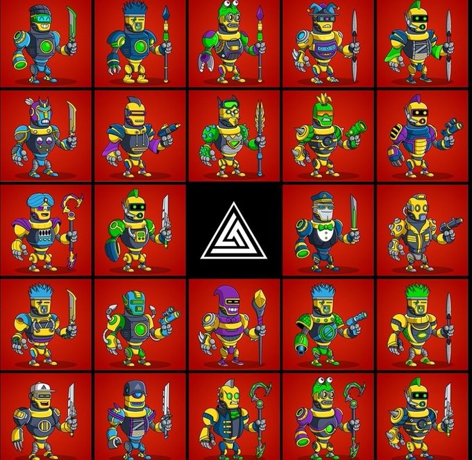 A grid of 24 colorful, cartoon-style robot warrior characters arranged in 5 rows, with a triangular logo in the center, on a red background.