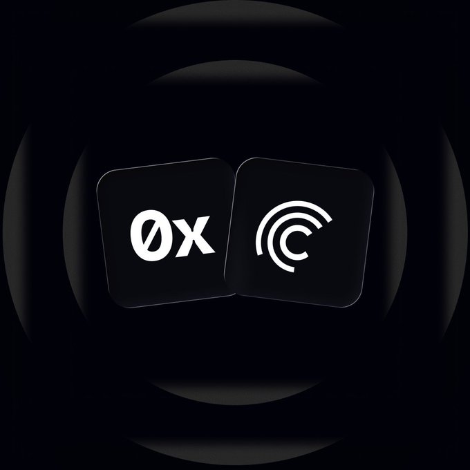 A black app icon with rounded square tiles displaying the white logos for '0x' and 'c' (cross-chain), set against a circular sound-wave pattern.