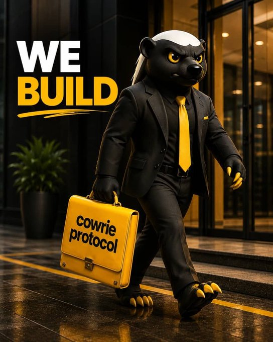 An anthropomorphic black panther wearing a business suit and yellow tie, carrying a yellow briefcase labeled 'cowrie protocol', with 'WE BUILD' in large text and yellow/black color scheme.