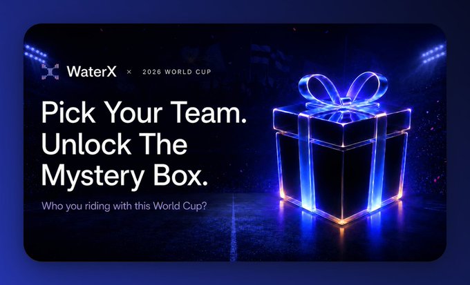 The image features a blue gift box with a ribbon, which appears to be a mystery box related to the World Cup. The text "WaterX x 2026 World Cup" suggests that this is an advertisement for a mystery box tied to the World Cup event. The post also mentions that there's a free mystery box available and encourages users to pick their favorite squad by entering a code or hashtag, which could be related to the World Cup.