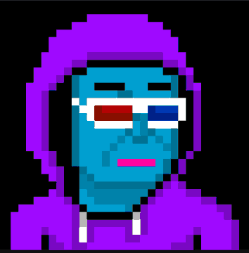 A pixel art illustration of a blue-skinned character wearing a purple hood and distinctive red and blue 3D glasses.