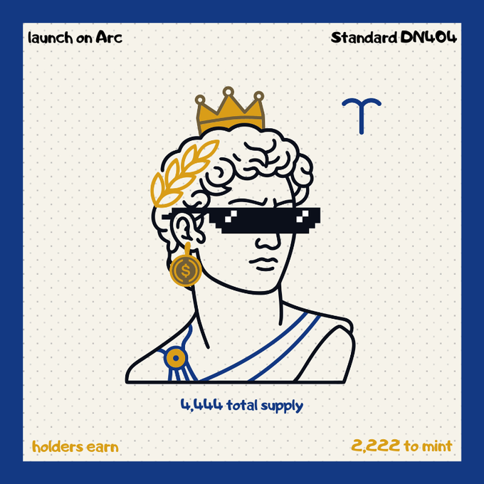 A promotional graphic for a cryptocurrency token called "Standard DN404" featuring an illustration of a Greek-style figure with a crown, laurel wreath, and pixelated sunglasses. Text includes "launch on Arc," "4,444 total supply," "holders earn," and "2,222 to mint," with the Aries zodiac symbol displayed.