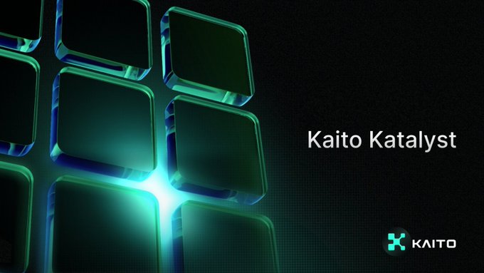 A dark promotional graphic featuring glowing green and blue 3D blocks on the left, with the text 'Kaito Katalyst' and the Kaito logo on the right.