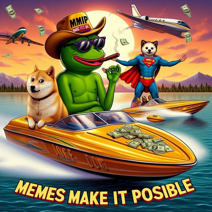 A vibrant meme illustration shows a Pepe the Frog in a cowboy hat, a Shiba Inu, and a dog-headed Superman in a Superman costume riding golden speedboats with money flying around; text reads 'MMIP MAKE IT DIP' and 'MEMES MAKE IT POSIBLE'.