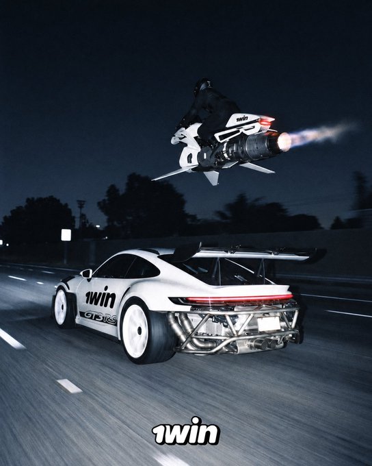 A white sports car with '1win' branding races down a highway at night while a futuristic hoverbike with '1win' markings flies above it, also featuring a '1win' watermark.