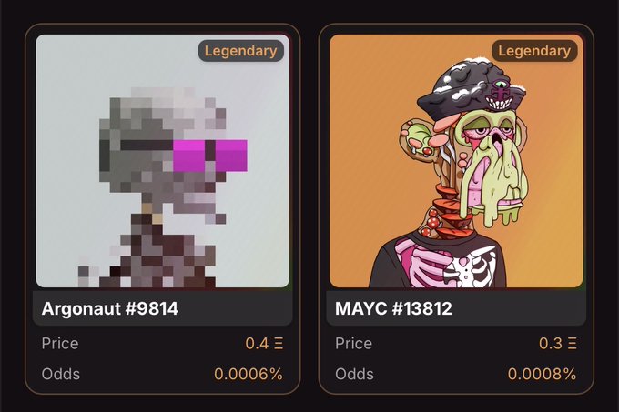 Two digital trading cards labeled 'Legendary' are displayed: a pixelated 'Argonaut #9814' priced at 0.4 Ξ (odds 0.0006%) and a 'MAYC #13812' zombie illustration priced at 0.3 Ξ (odds 0.0008%).