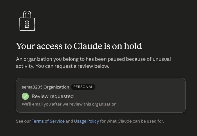 The image shows a Claude access suspension notice stating "Your access to Claude is on hold" with a "Review requested" status for the "sema0205 Organization" (personal account), illustrating the post's argument that centralized AI services can arbitrarily restrict user access, reinforcing the need for decentralized alternatives where users maintain control over their own tools.