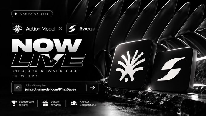 A black and white promotional banner for an Action Model and Sweep collaboration, reading 'NOW LIVE' with a '$150,000 REWARD POOL' over 10 weeks, including a link and icons for leaderboard, lottery, and creator rewards.