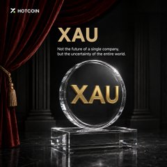 Hotcoin's promotional graphic for gold (XAU), featuring a crystal sphere and award displaying "XAU" against a dark stage with red curtains, themed as an "auction house" lot for the safe-haven asset, referencing yesterday's close of $3,415.80/oz.