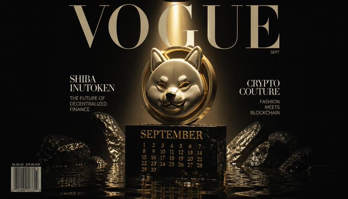 A Vogue magazine cover styled as a September calendar featuring a golden Shiba Inu dog trophy on a pedestal, with headlines 'SHIBA INUTOKEN - THE FUTURE OF DECENTRALIZED FINANCE' and 'CRYPTO COUTURE - FASHION MEETS BLOCKCHAIN'.