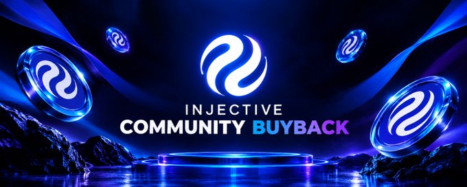 A futuristic blue promotional graphic for “INJECTIVE COMMUNITY BUYBACK” features glowing circular tokens and a neon landscape.