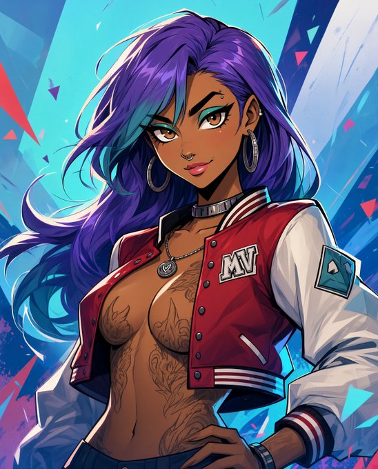 A confident woman with flowing purple and teal hair poses in a "MV" varsity jacket, embodying the bold, stylish aesthetic associated with the MetaVixensNFT brand. The "MV" lettering on her jacket directly references the project mentioned in the post.
