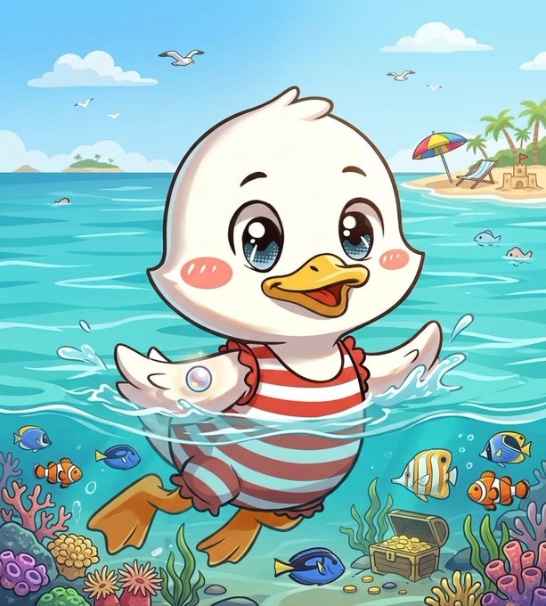 A cartoon illustration of a baby duck wearing a red and white striped swimsuit, surrounded by tropical fish and a treasure chest underwater.