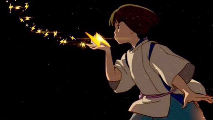 An anime scene showing a character blowing glowing star-shaped projectiles from their hand into a dark, starry night.